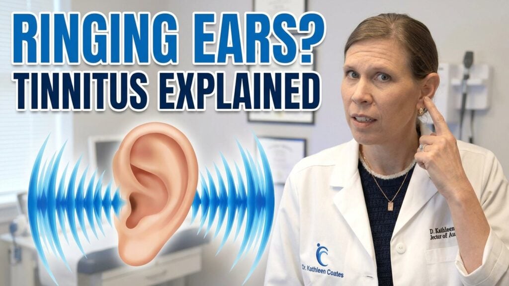 'Ringing Ears? Tinnitus Explained'. Dr. Coates pointing at her ear.