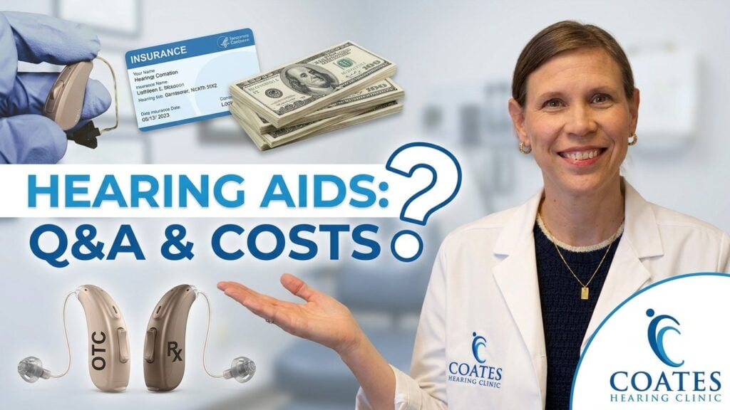 'Hearing Aids: Q&A & Costs' Dr. Coates by a graphic of hearing aids, money and an insurance card.